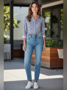 Talbots Vintage Classic Button Down paisley shirt Light Blue